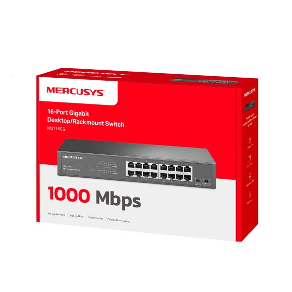 SWITCH GIGABIT 16 PORTE MERCUSYS MS116GS, MONTAGGIO DESKTOP O RACK, PLUG & PLAY, PRIORITÀ DEL TRAFFICO, PREVENZIONE LOOP, MODALITÀ DI ISOLAMENTO, FUNZIONAMENTO SILENZIOSO, CASE IN METALLO